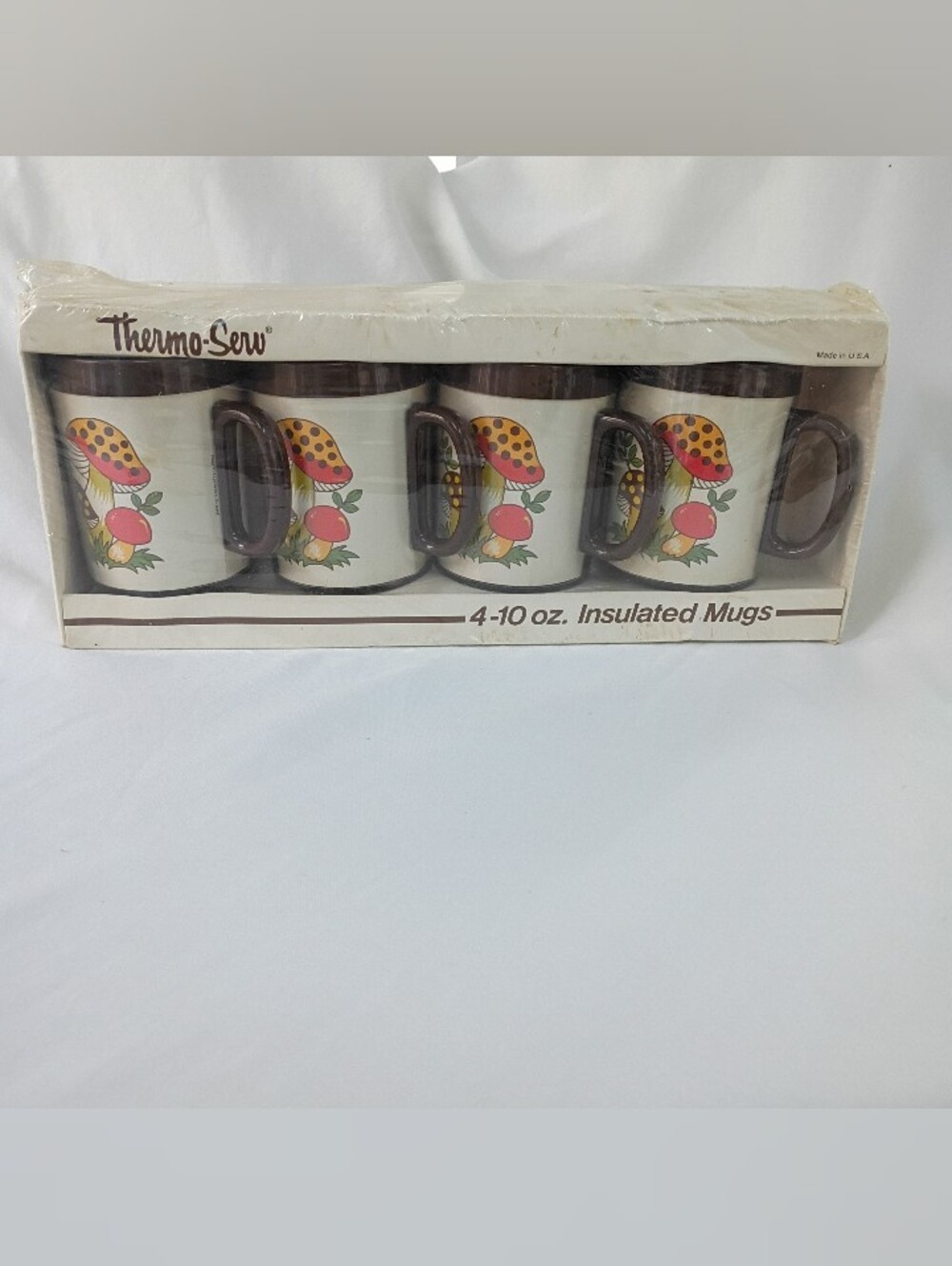 Sears VTG 'Merry Mushrooms' Insulated Mugs (4) NIB 70s Cottage Thermo Serv